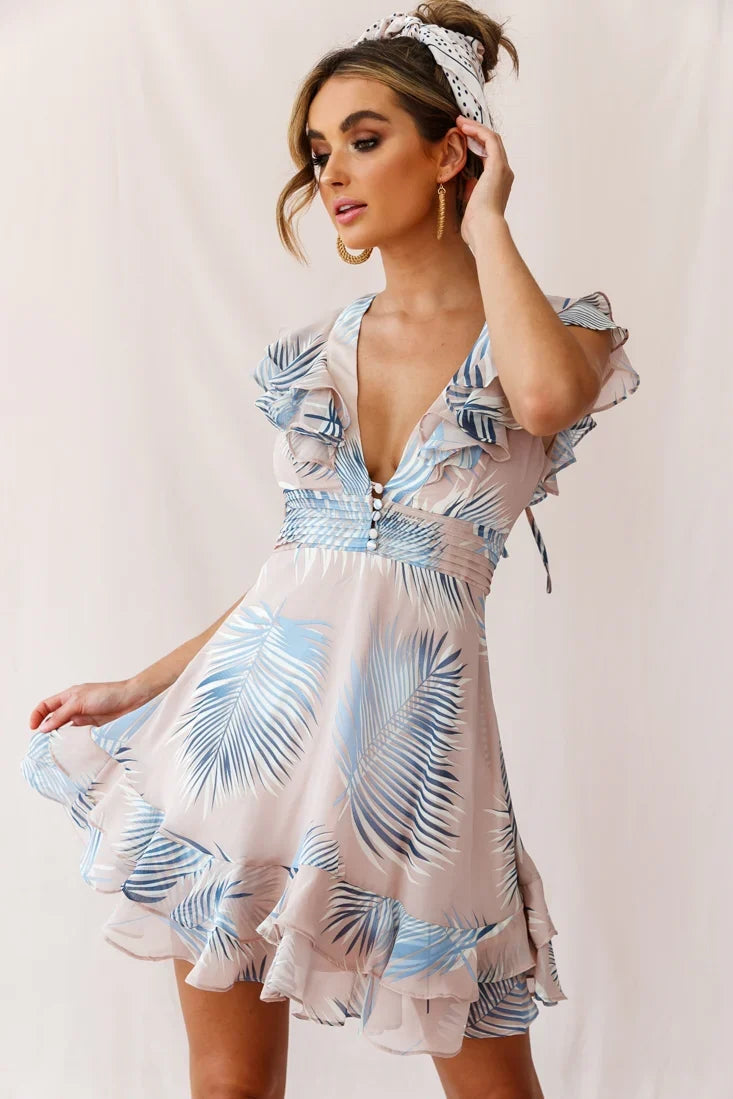 Shaina Pintuck Placket Empire Cut Dress Palm Print Pink