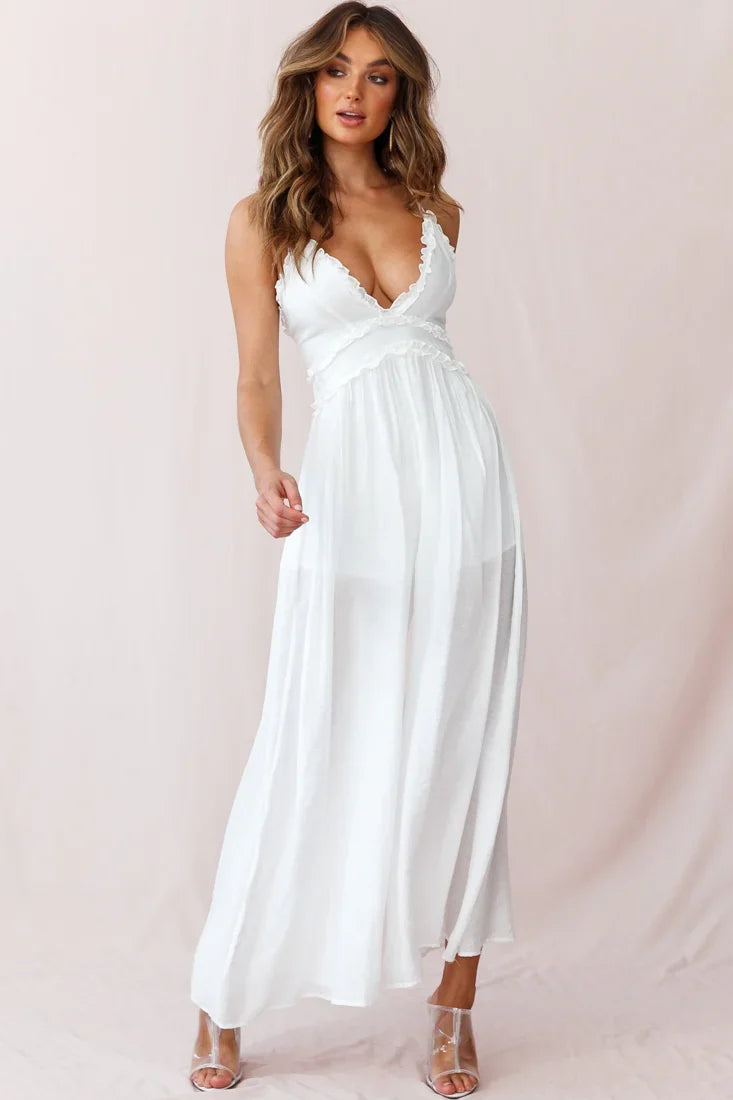 Laney Wide Leg Ruffle Detail Jumpsuit White