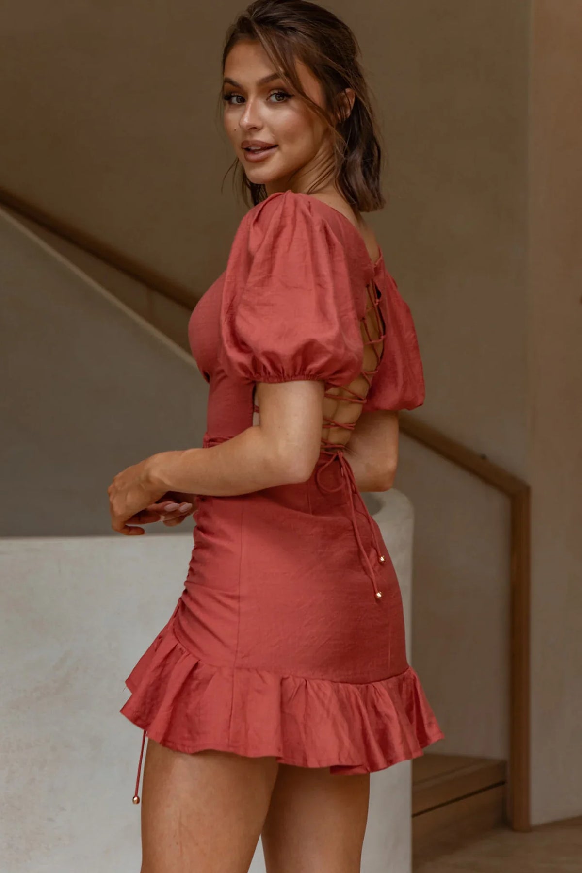 Rhode Puff Sleeve Strappy Back Dress Rose