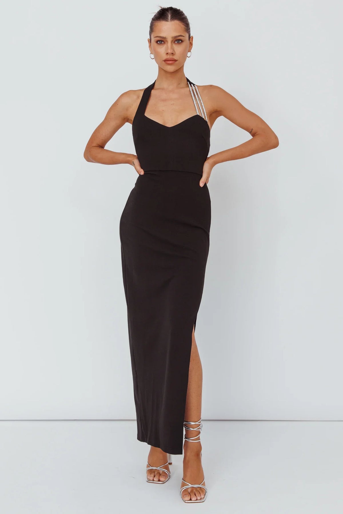 Leading Role Diamante Strap Halter Dress Black