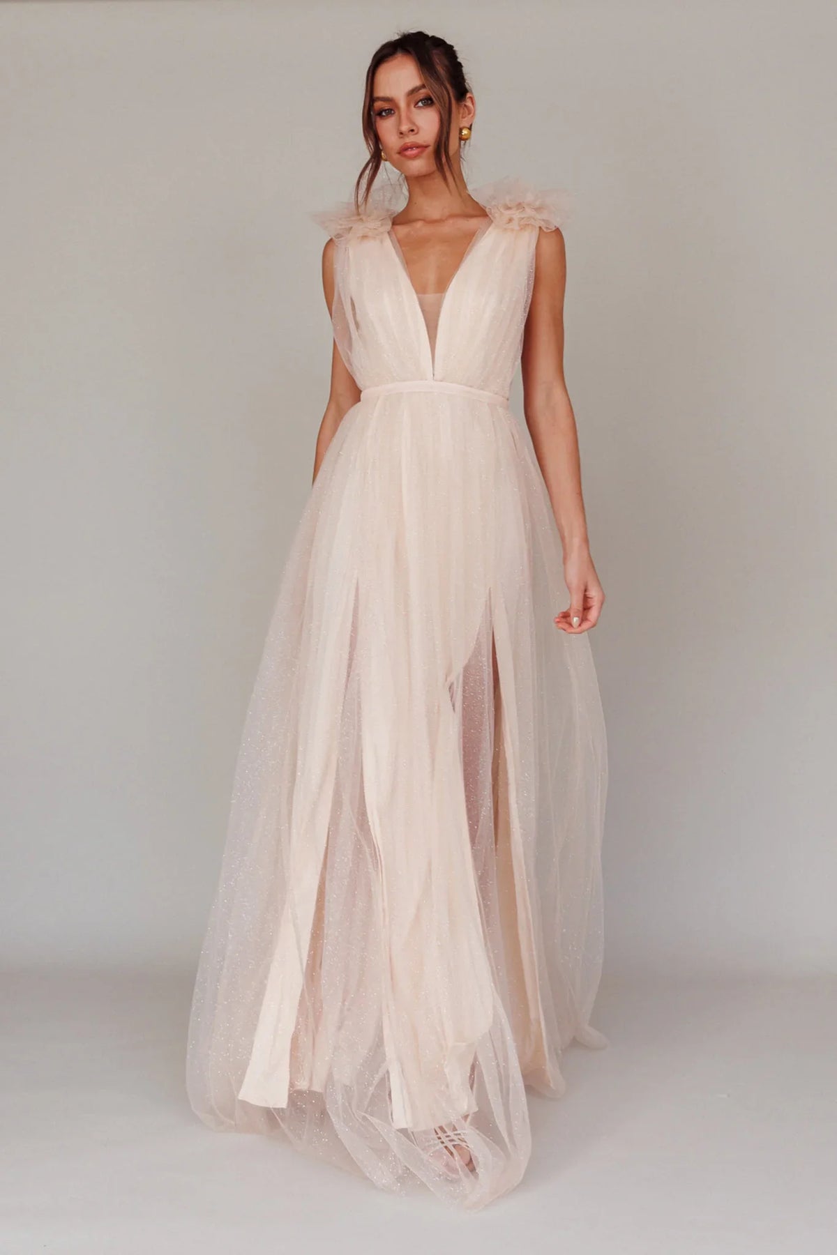 Ludivine Shoulder Accent Mesh Midi Dress Glitter Champagne
