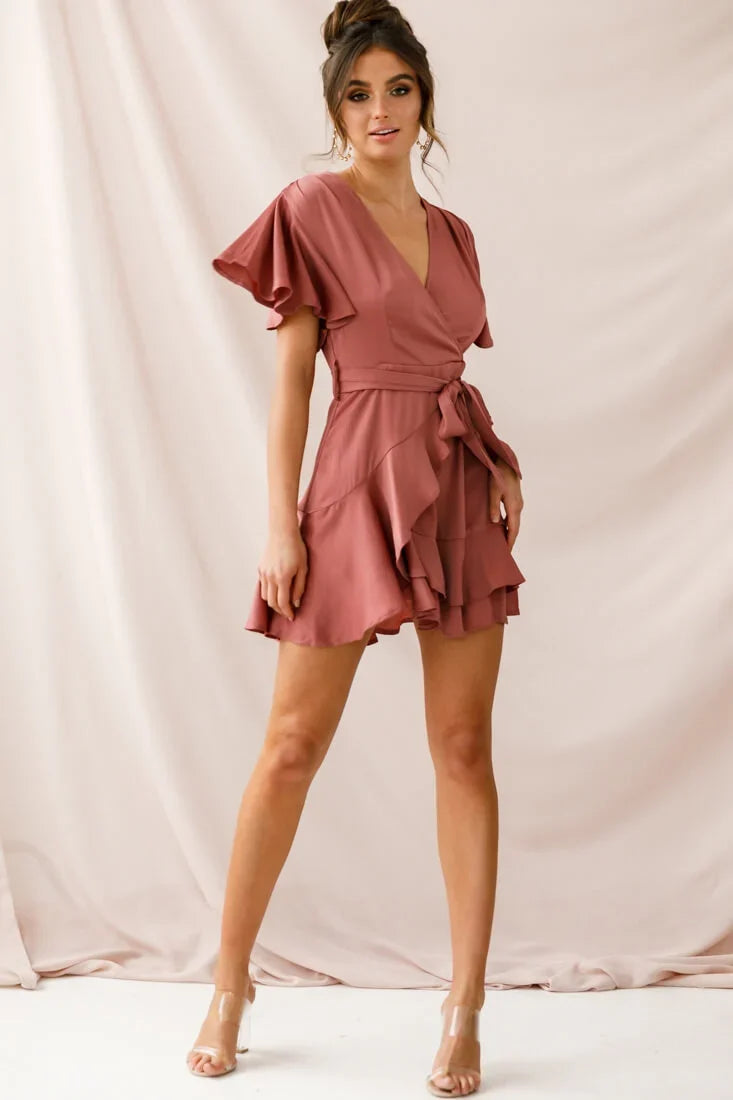 Cami Angel Sleeve Faux Wrap Dress Rose