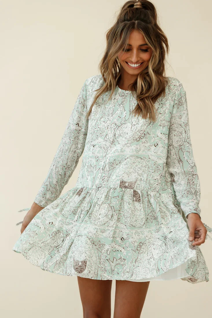 Mina Long Sleeve Button Back Shift Dress Ornate Print Green