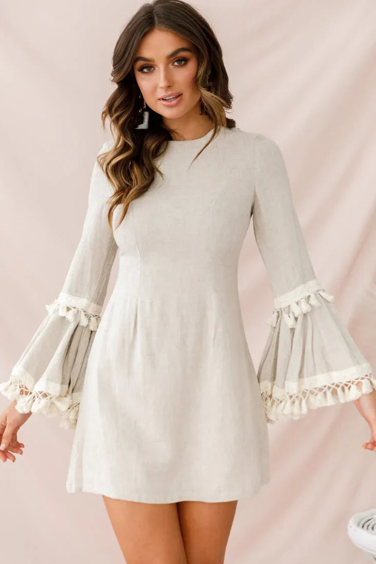 Sahara Tassel Trim Bell Sleeve Dress Beige