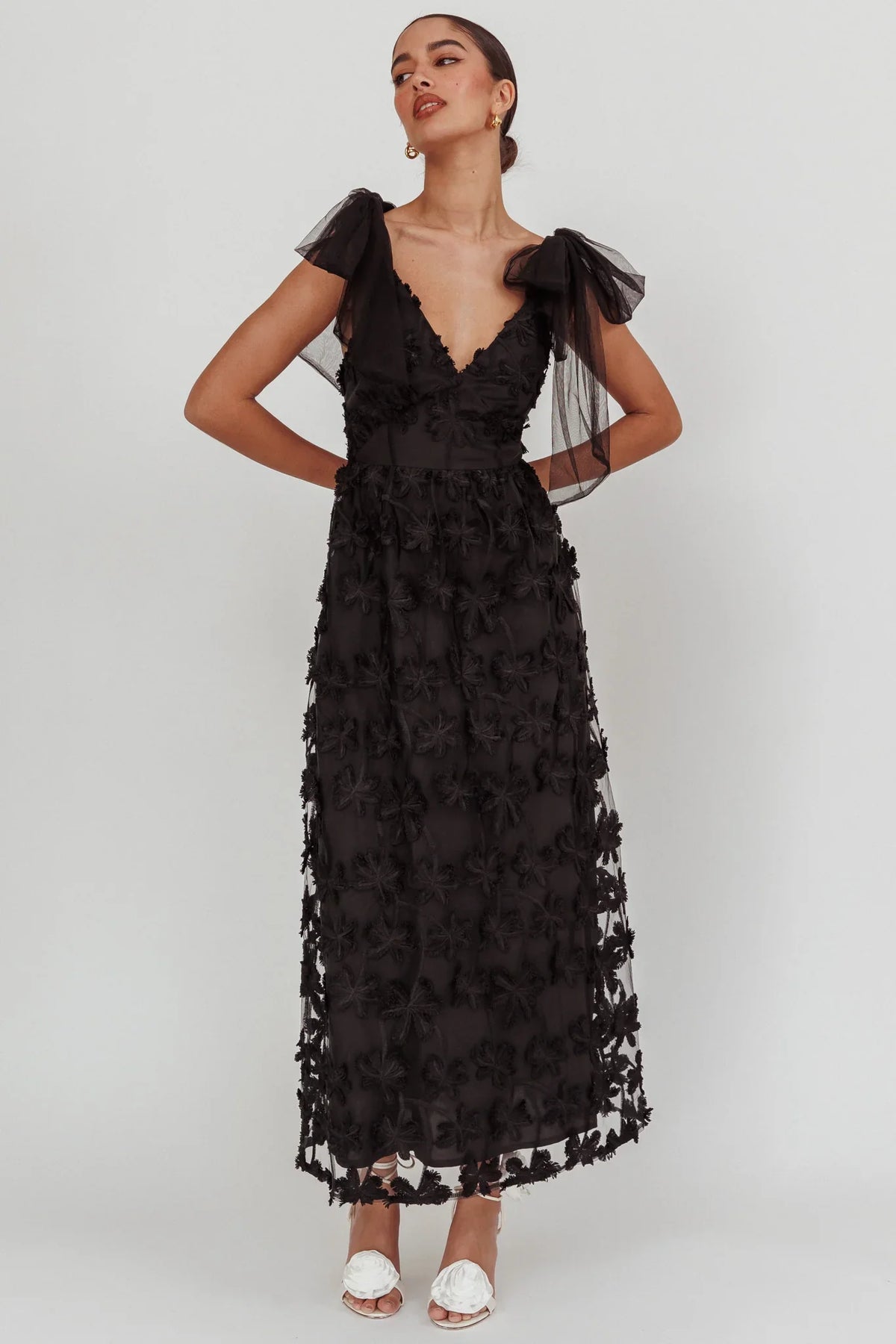 Mykonos Morning Tied Shoulder Tree Maxi Dress Black