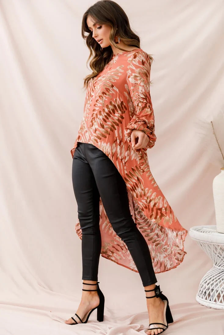 Elaine High Low Balloon Sleeve Top Rose