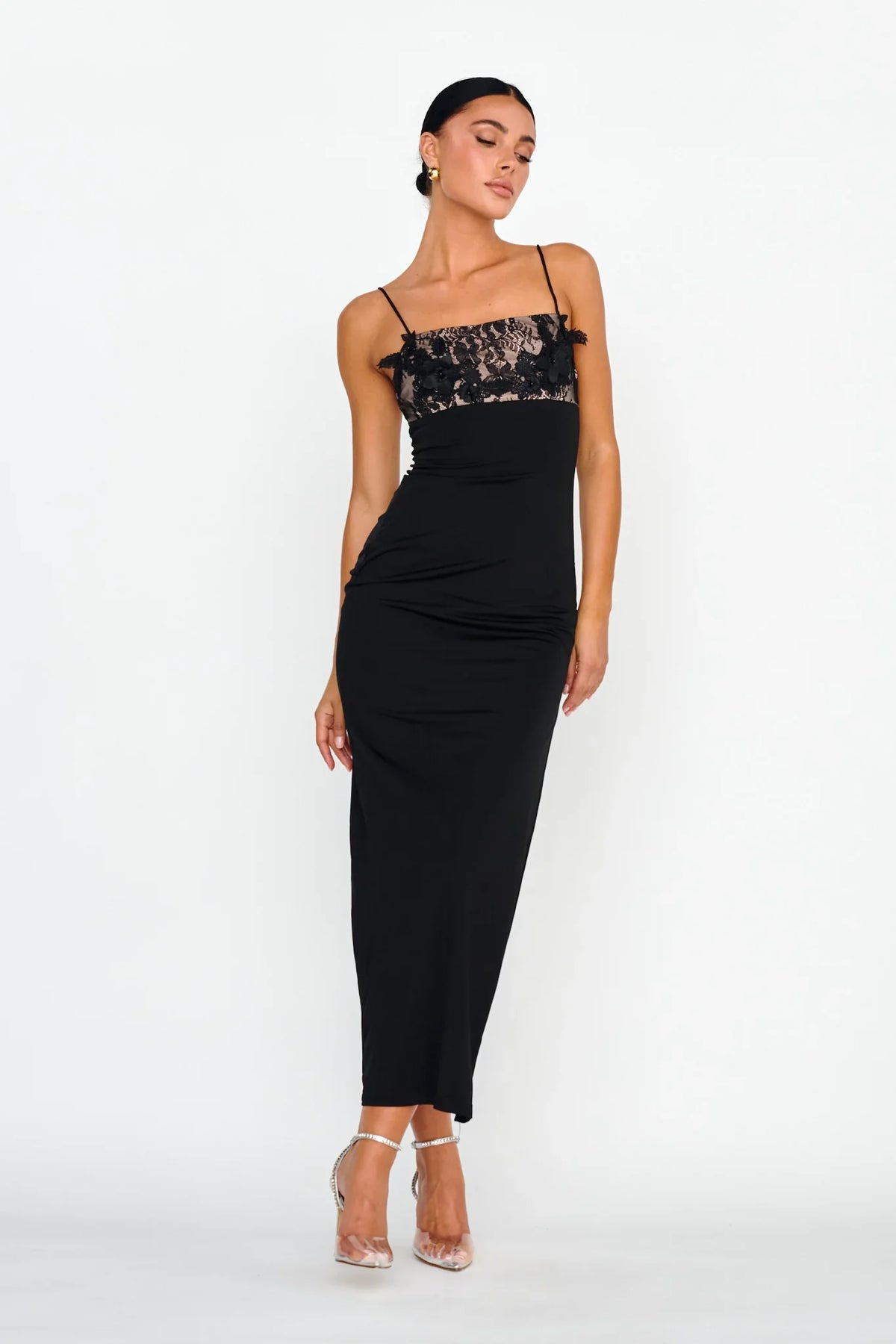 Misha Embellished Bust Midi Dress Black