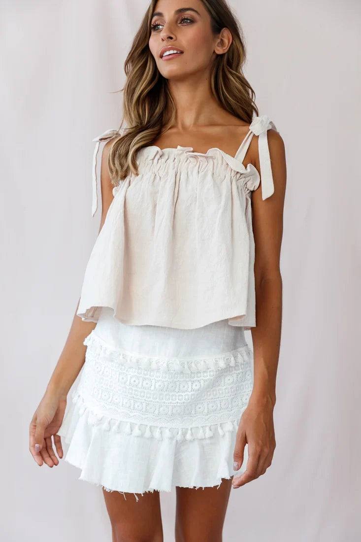 Journey Tied Shoulder Elasticated Neckline Top Beige