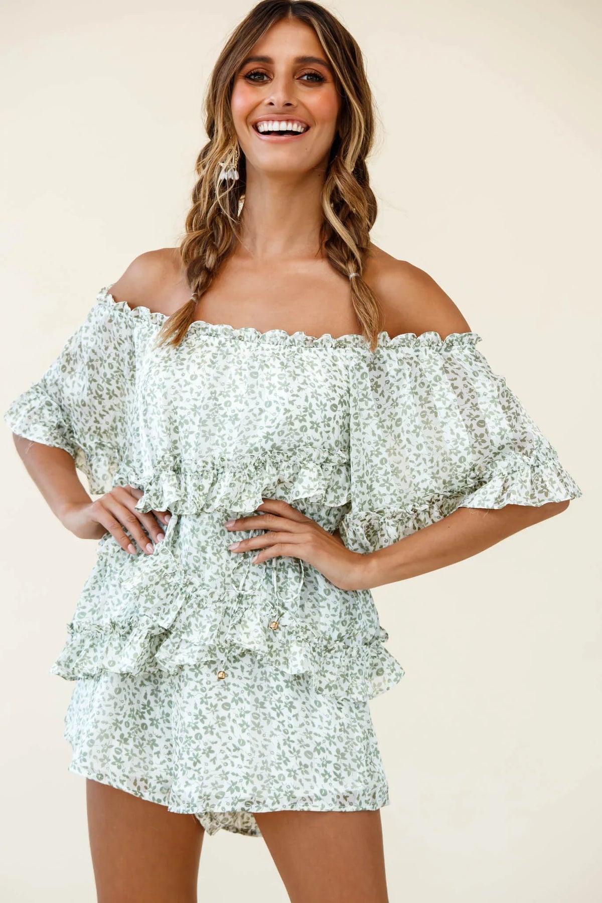 Astoria Bardot Neckline Frill Romper Floral Print Green