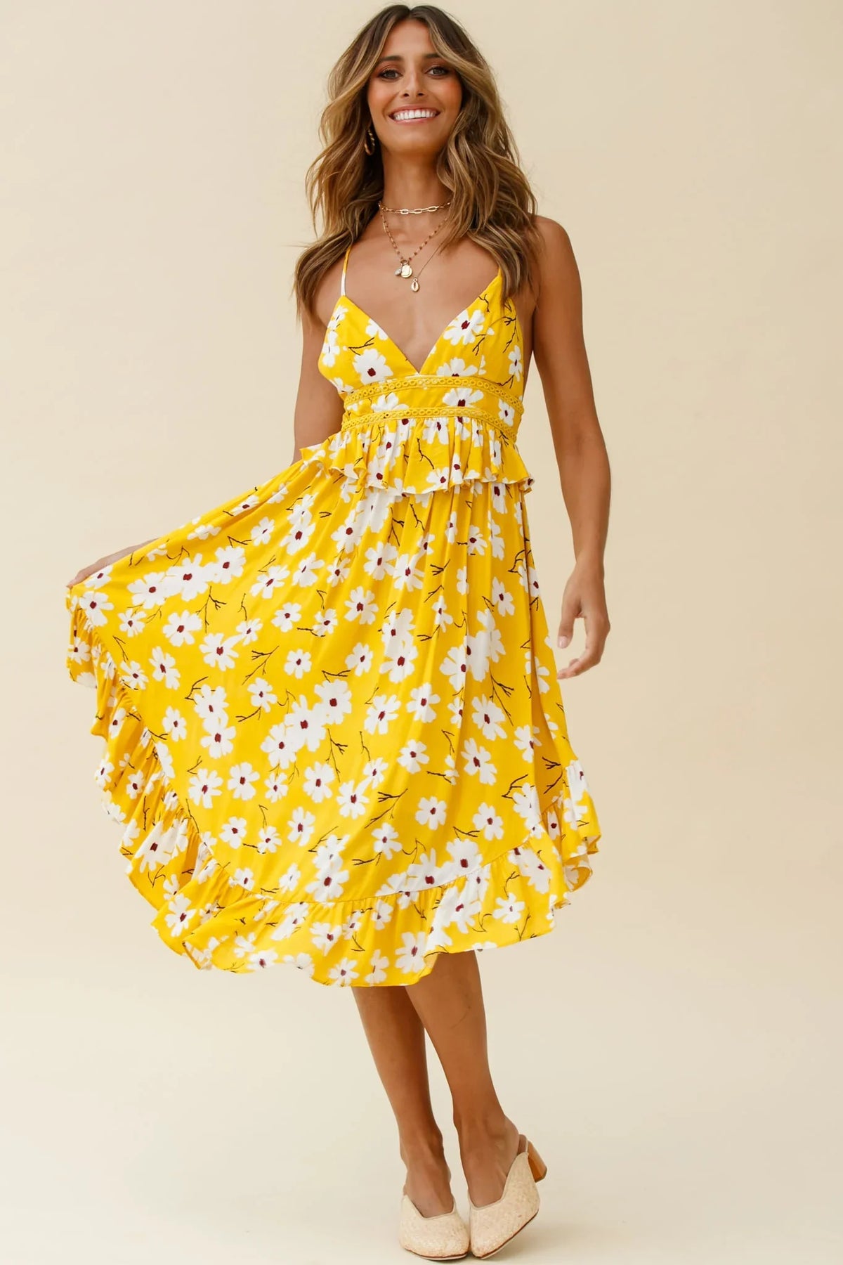 Marigold Peplum Midi Ruffle Dress Floral Print Yellow