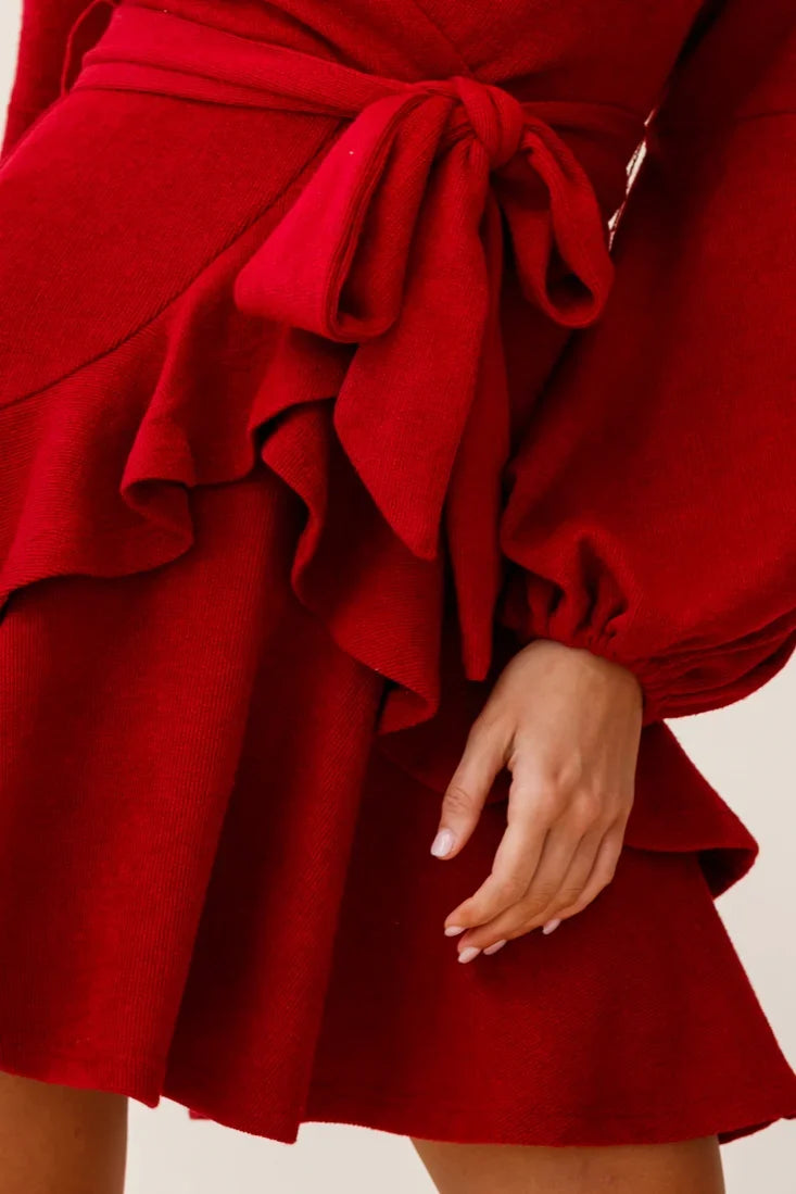 Dresden Long Sleeve Ruffle Detail Knit Dress Wine