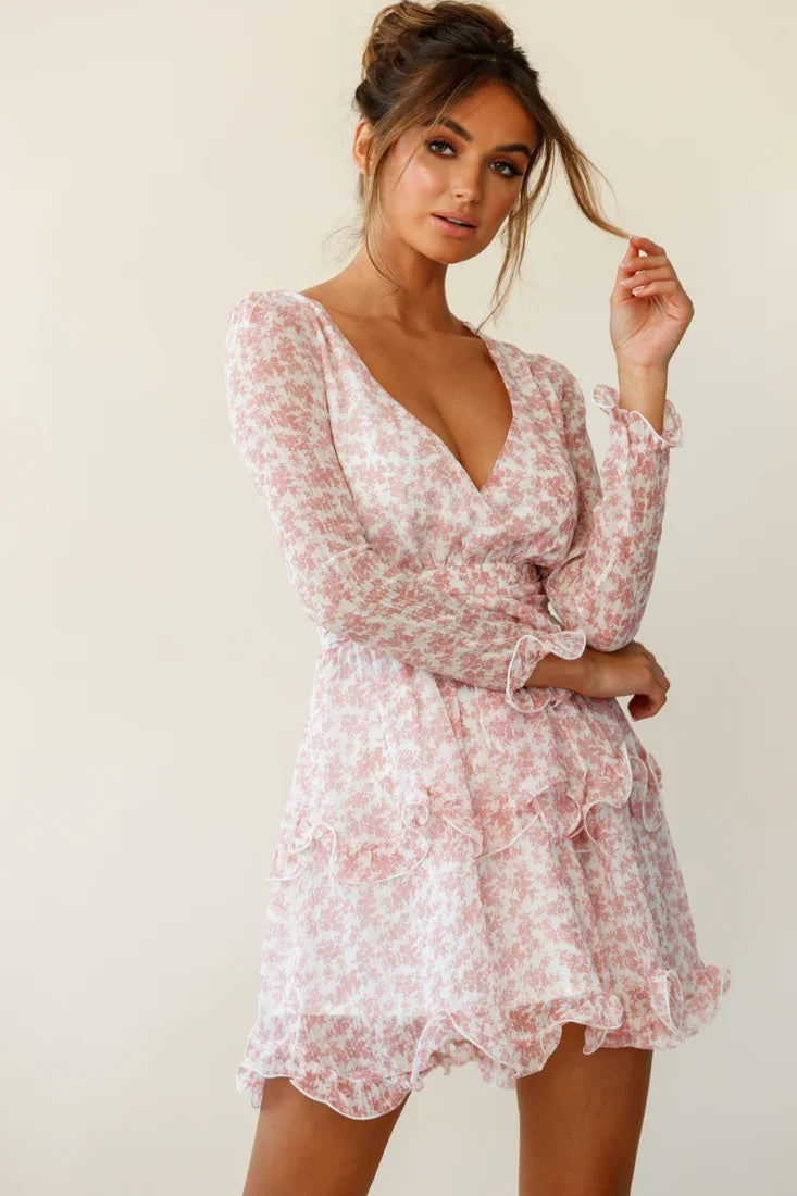 Greta Tiered Ruffle Chiffon Dress Floral Pattern Blush