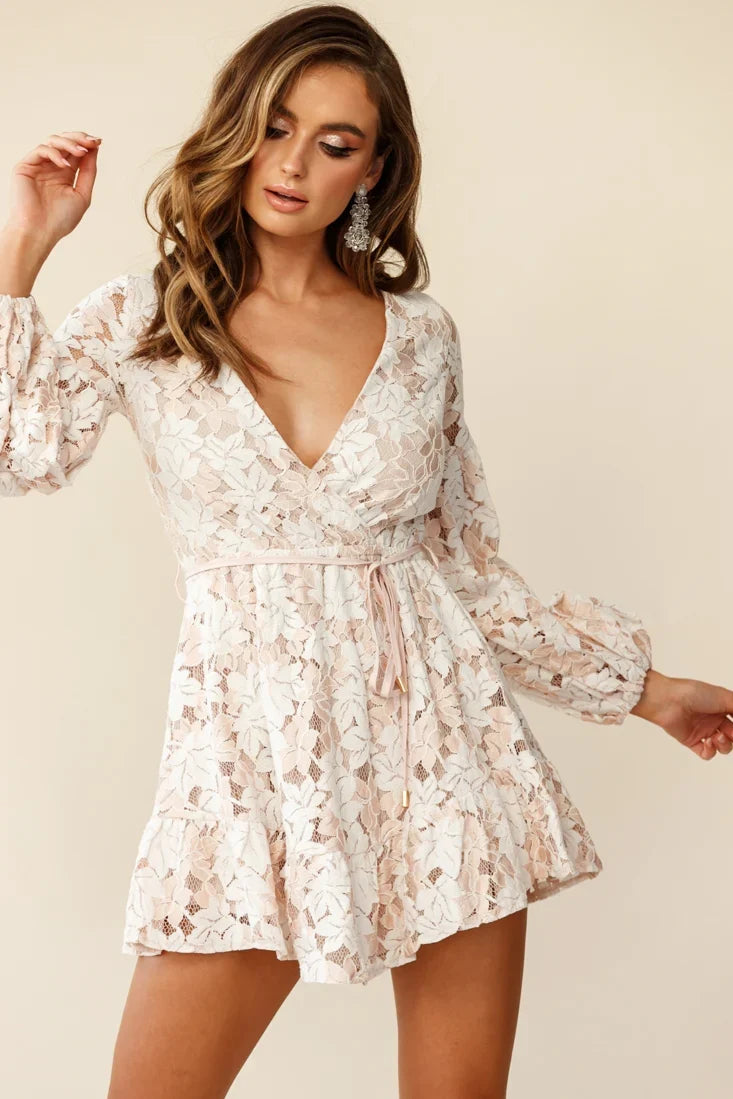 Ever After Keyhole Back Lace Dress White/Mocha