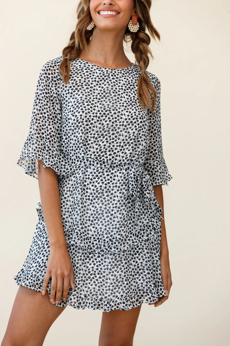 Wife Me Crew Neck Ruffle Insert Dress Polka Dot Black