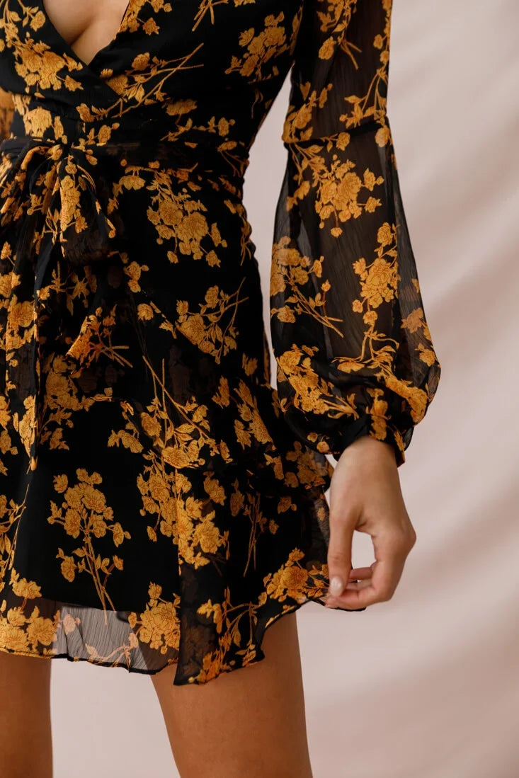 Kerry Layered Balloon Sleeve Dress Black/Orange