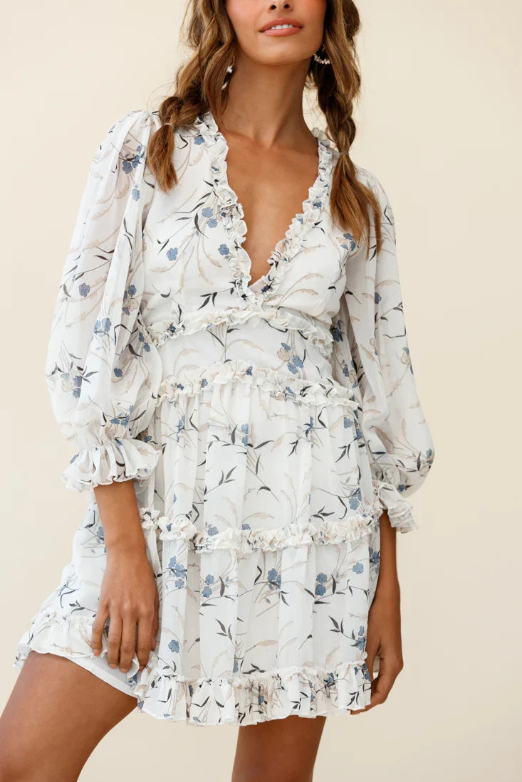 Laney Cutout Back Ruffle Trim Dress Flower Print White
