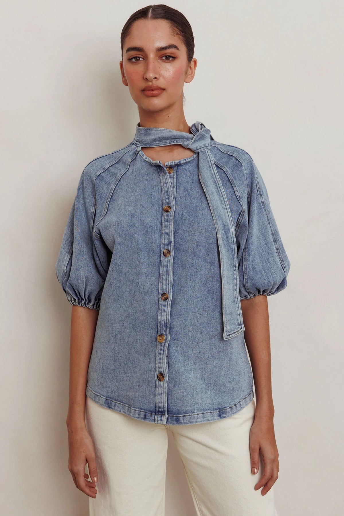 Notice Me Puff Sleeve Neck Bow Top Denim Blue