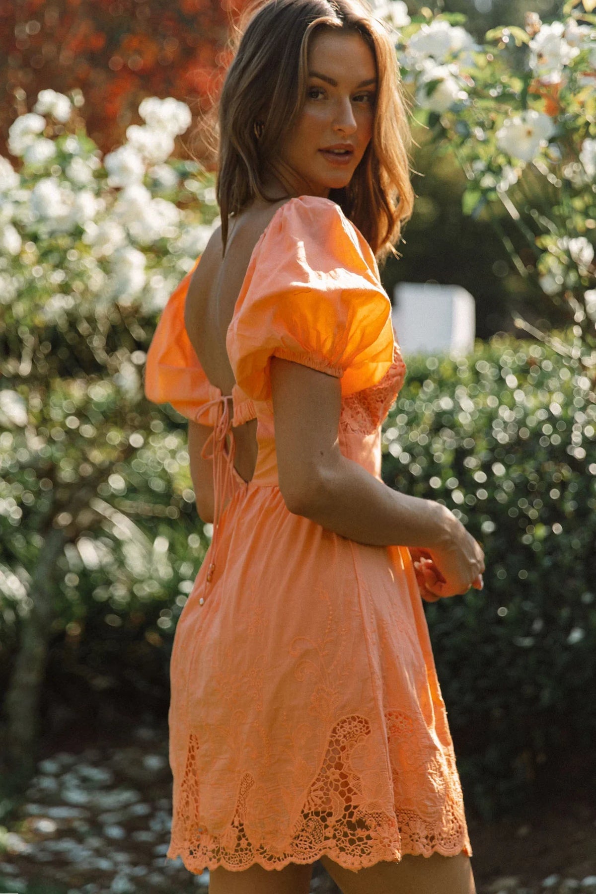 Lovers Lane Lace Trim Puff Sleeve Dress Neon Orange