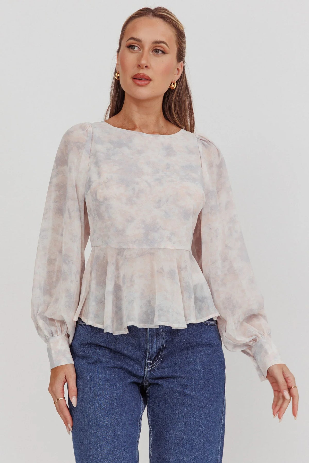 Helix Balloon Sleeves Peplum Top Dusty Blue/Peach