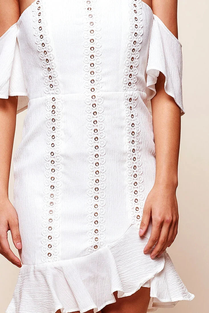 Natalia Off Shoulder Ruffle Trim Dress White