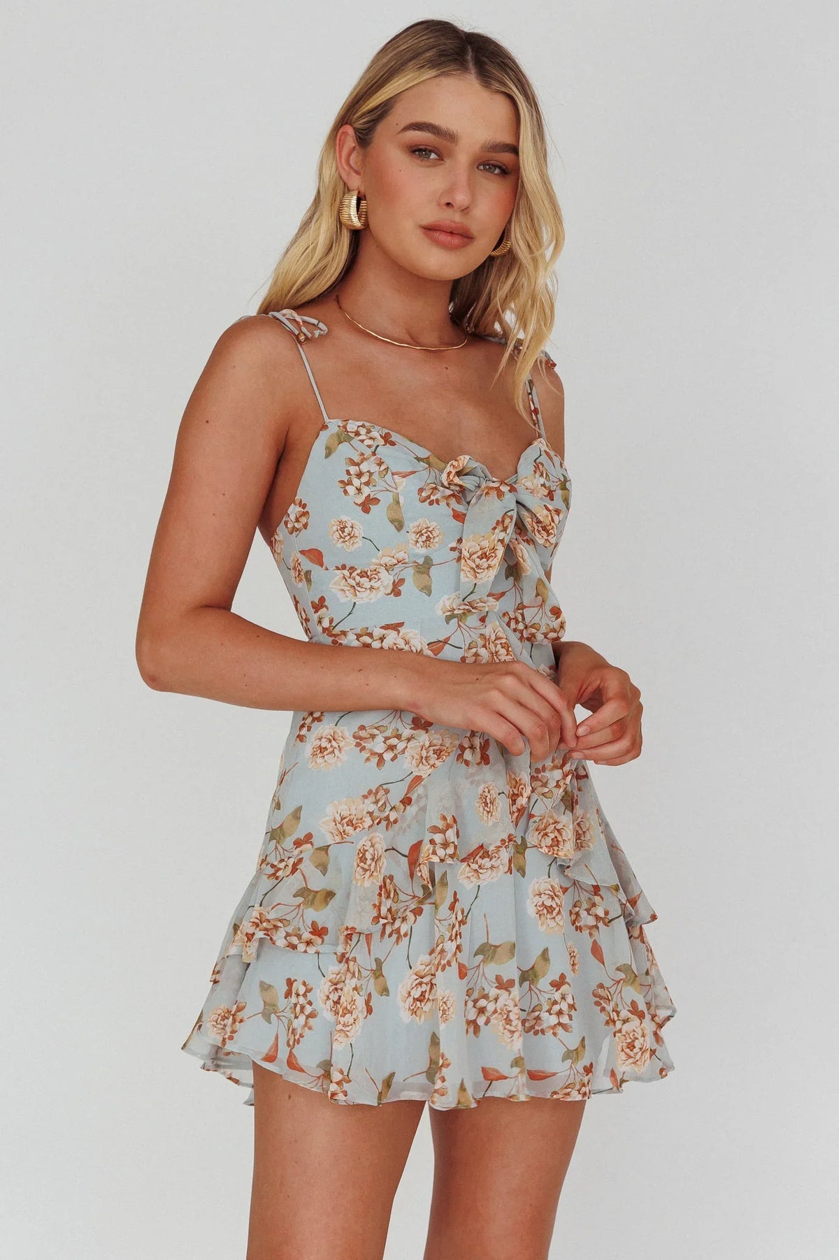 Flower Child Bust Tie Ruffle Trim Dress Roses Blue
