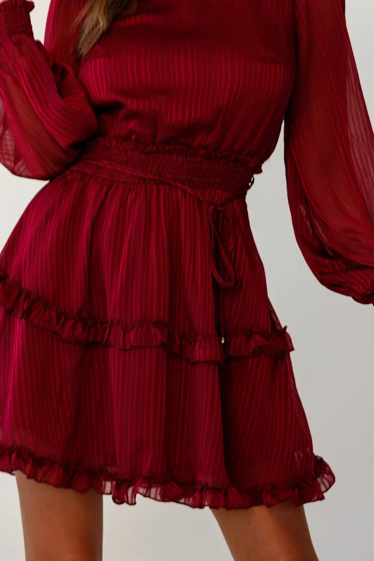 Mildred Long Sleeve Shirred Waist Frill Dress Wine
