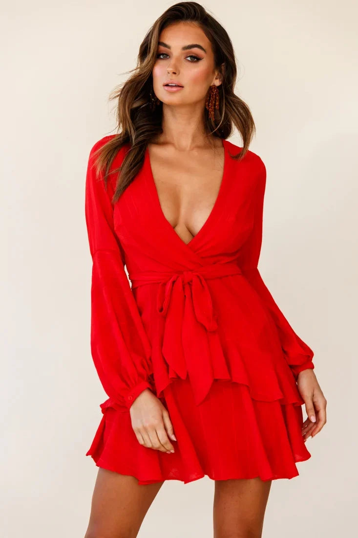 Kerry Layered Balloon Sleeve Dress Red