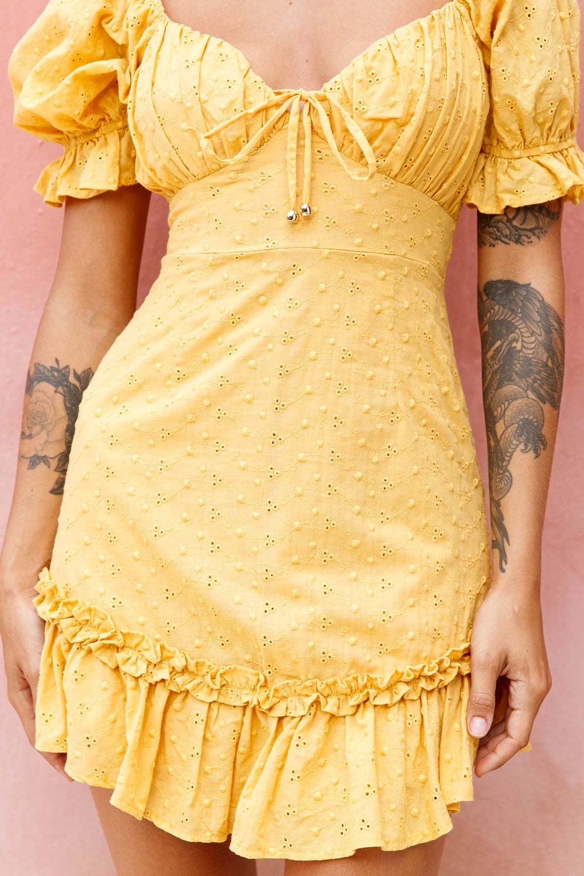 Hayden Puff Sleeve Eyelet Embroidery Dress Yellow