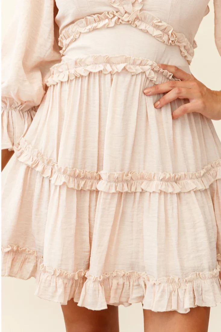 Laney Cutout Back Balloon Sleeve Dress Beige