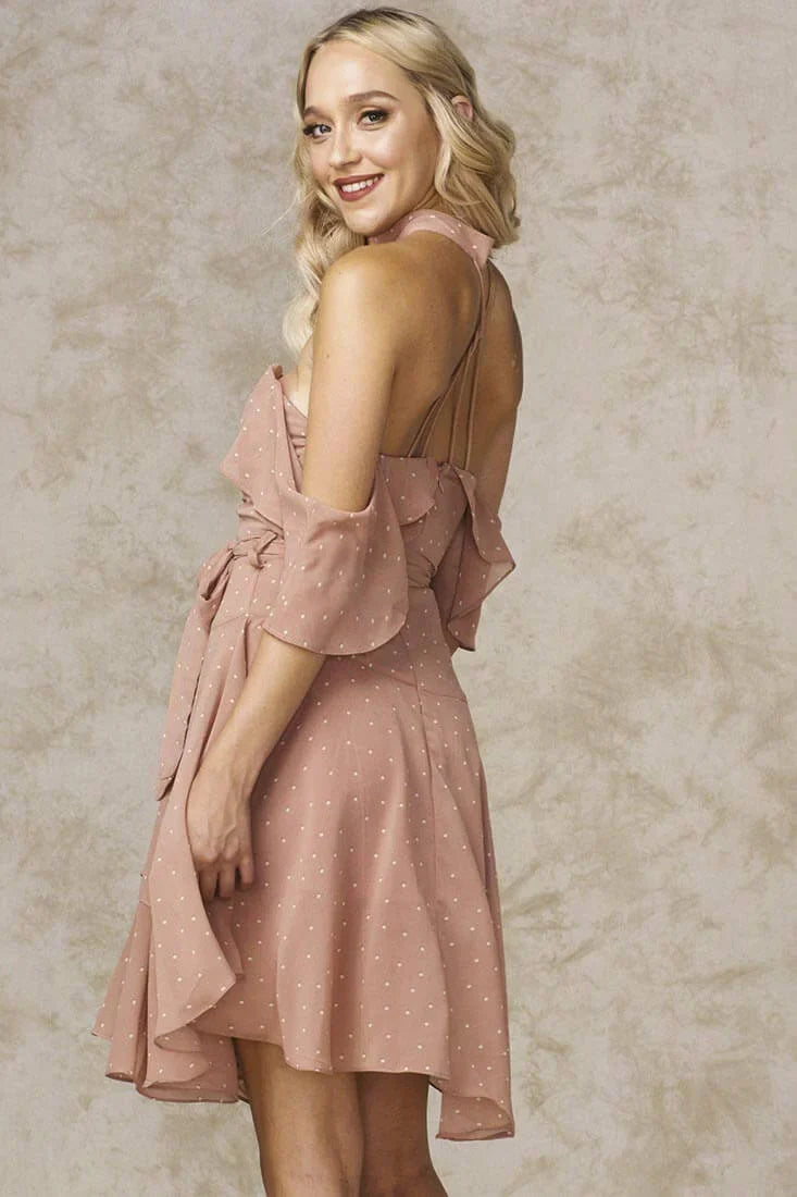 Whitney Deep V Polka Dot Dress Mocha