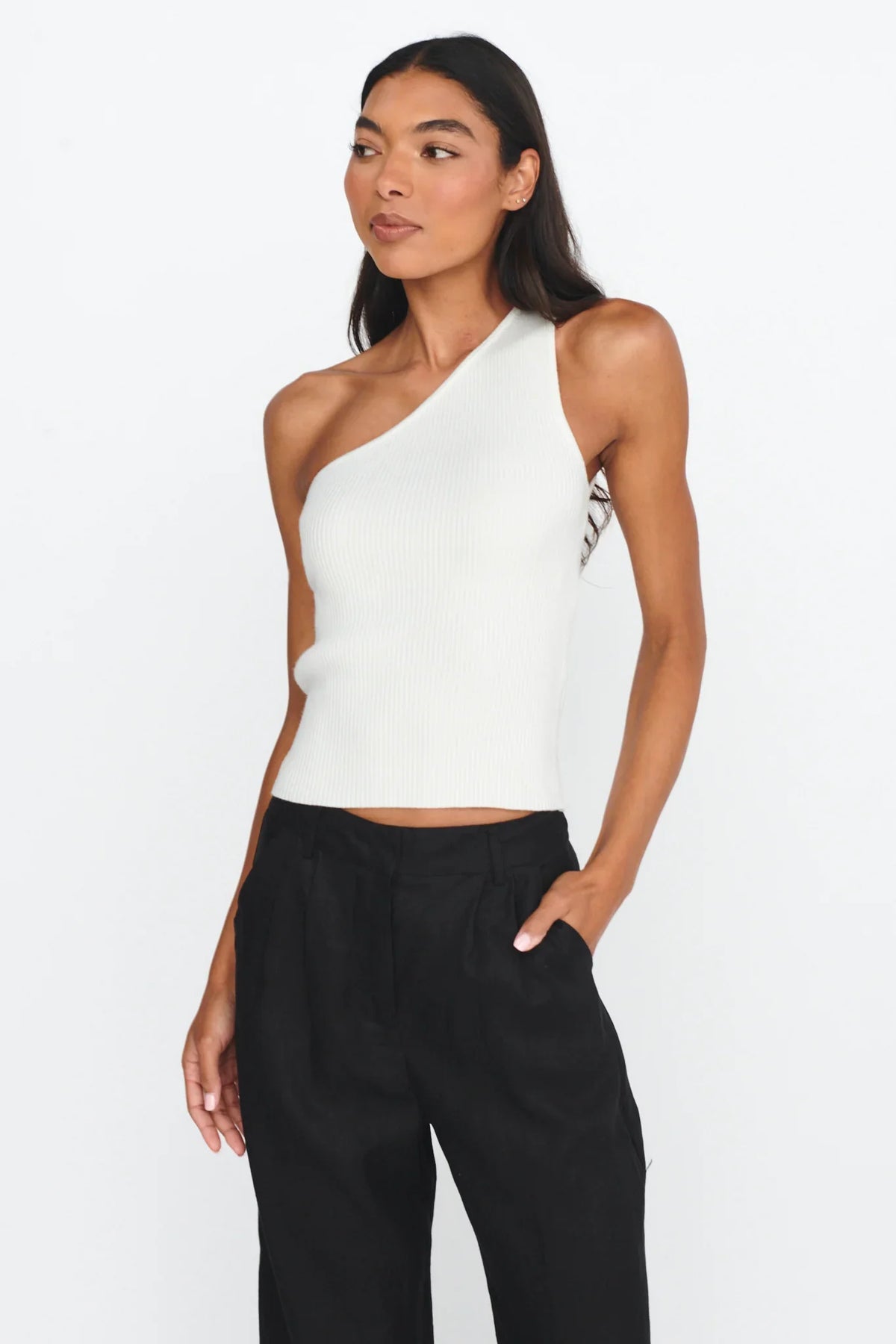 Channy One-Shoulder Ribbed Top White