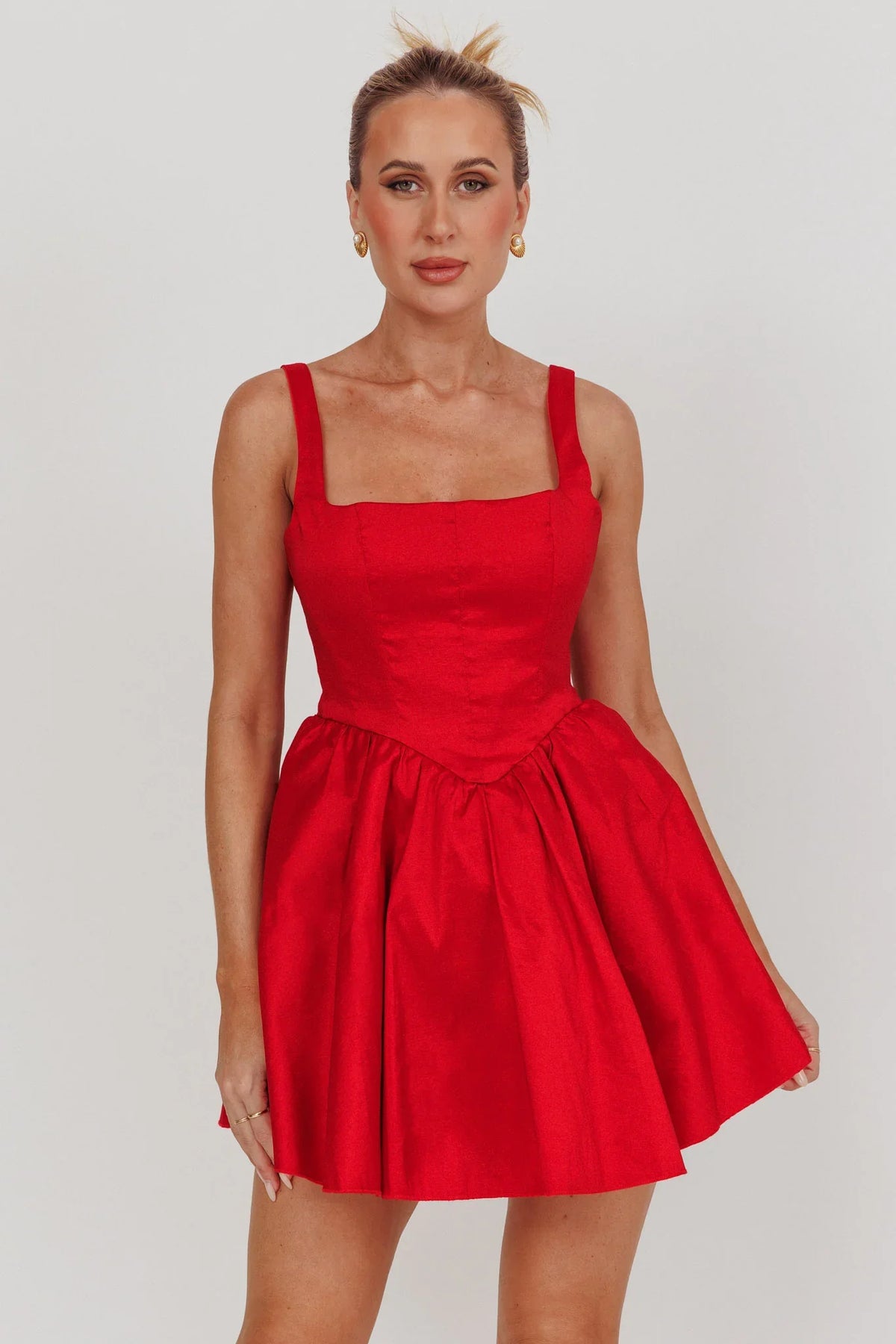 Found You Square Neck Flared Mini Dress Red