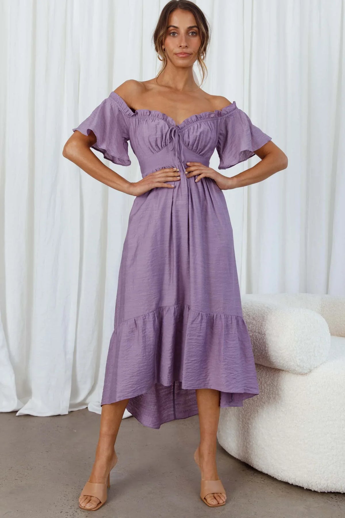 Dandelion Off-Shoulder Tied Back Midi Dress Purple