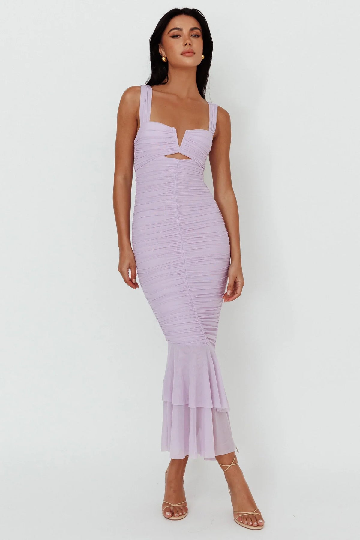 Nadia Ruched Fishtail Maxi Dress Lilac
