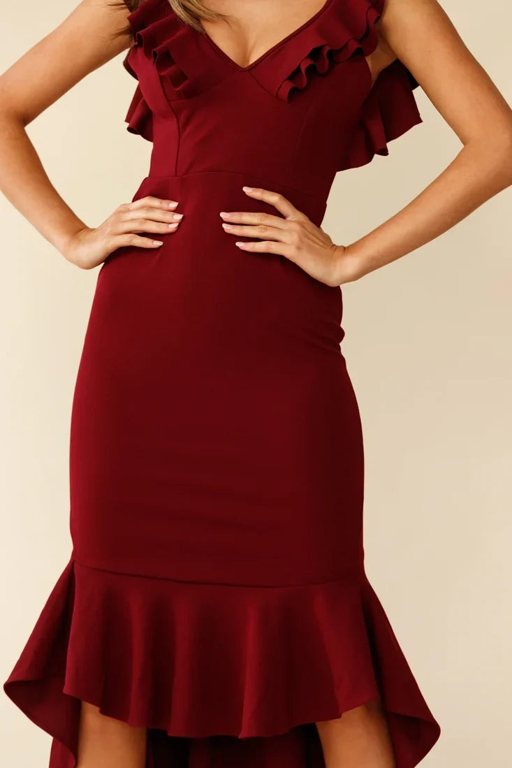 Pearl Ruffle Strap High-Low Hem Dress Plum