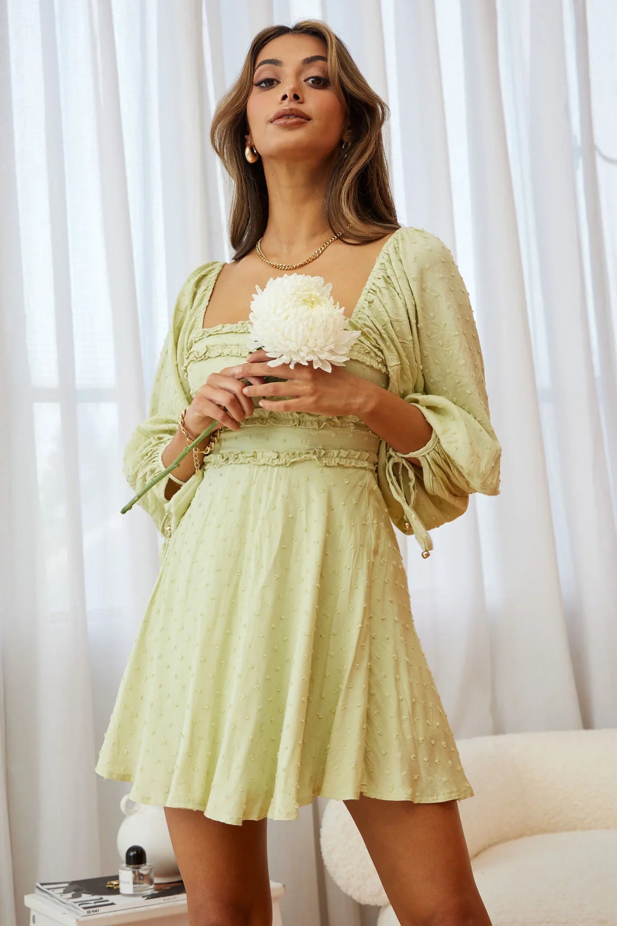 Illia Three-Quarter Balloon Sleeve Frill Bodice Dress Apple