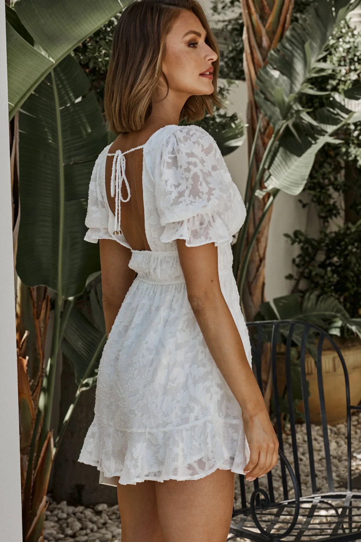 Lilibet Puff Sleeve Elasticated Waist Textured Dress White