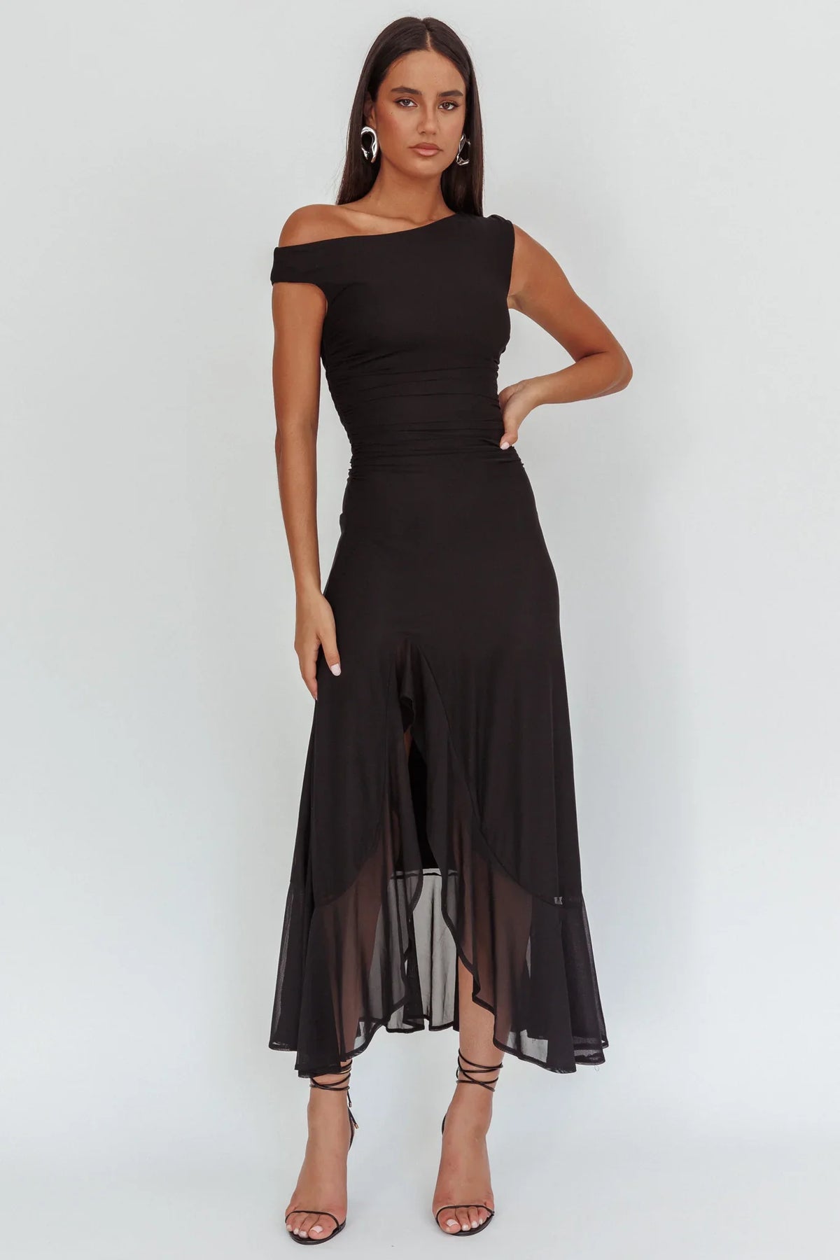 Moonlit Magic Asymmetric Neckline Maxi Dress Black