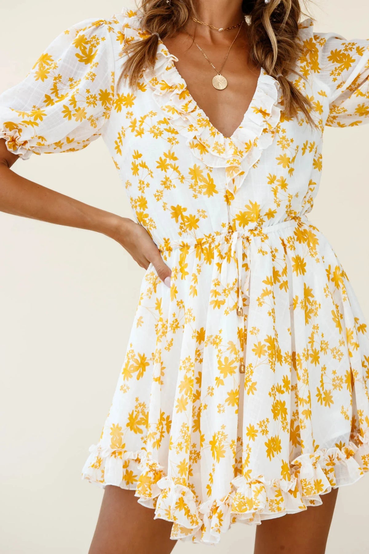 Brianna Puff Sleeve Drawstring Waist Dress Floral Print Yellow