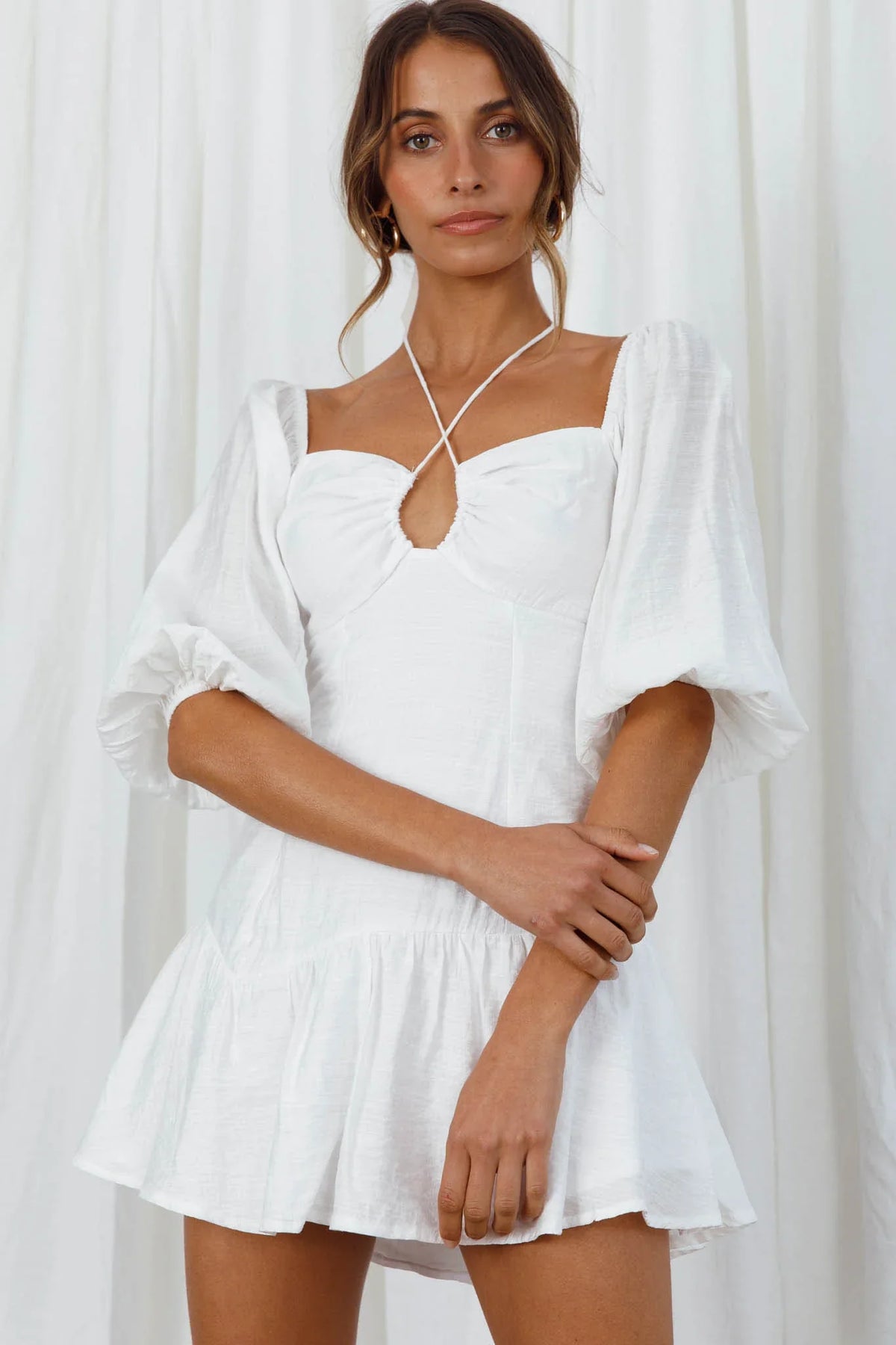 Summertime String-Tie Halterneck Puff Sleeve Mini Dress White