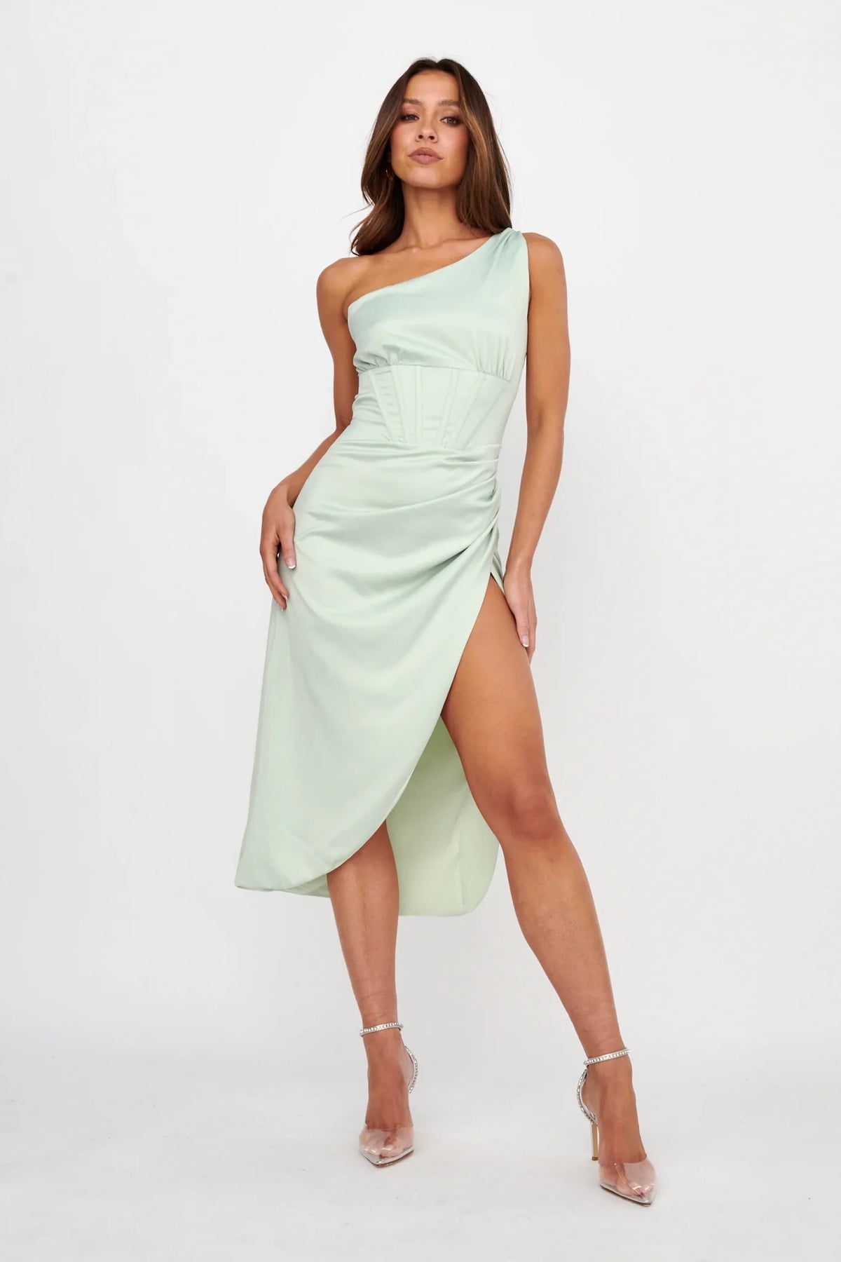 Ryhana One-Shoulder Split Midi Dress Mint