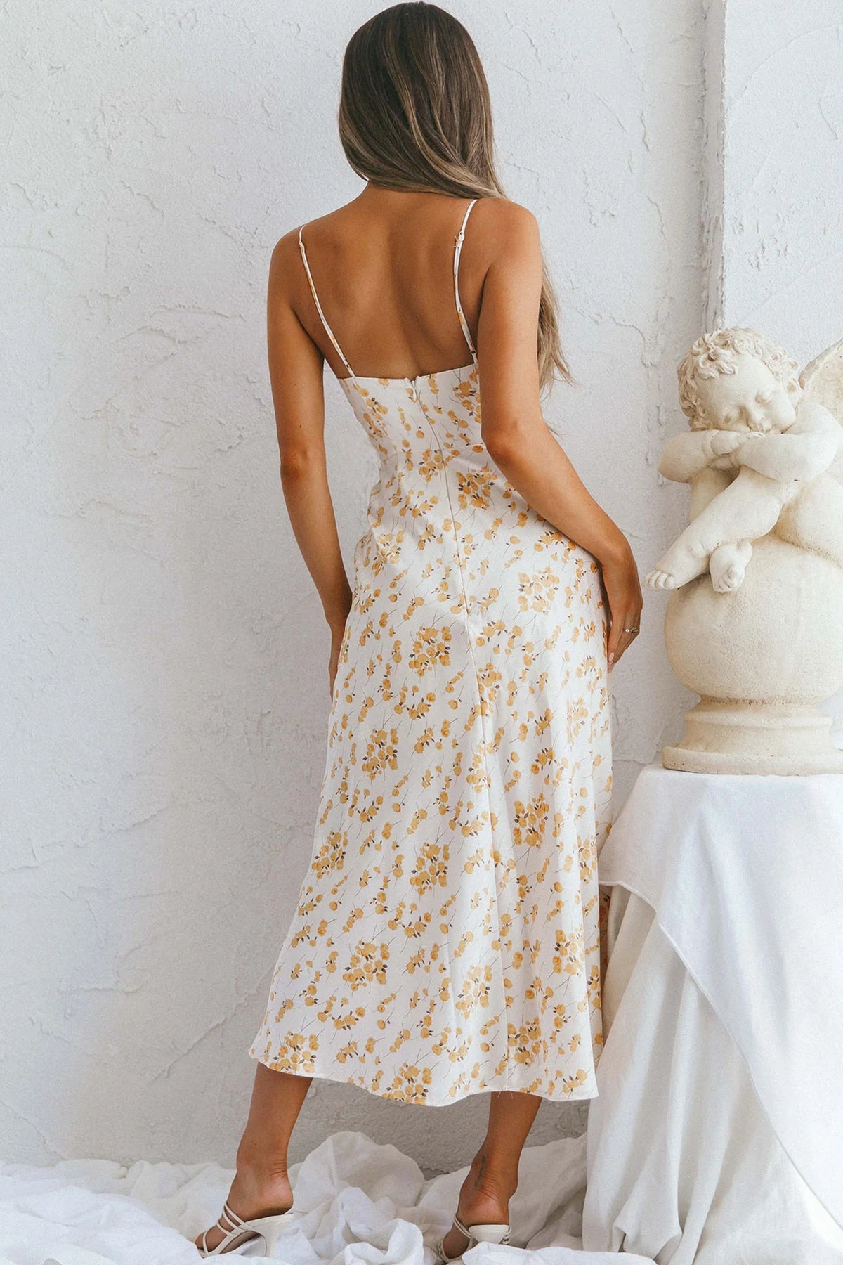 Lake Como Fitted Bodice Cami Strap Midi Dress Painted Floral Print Beige
