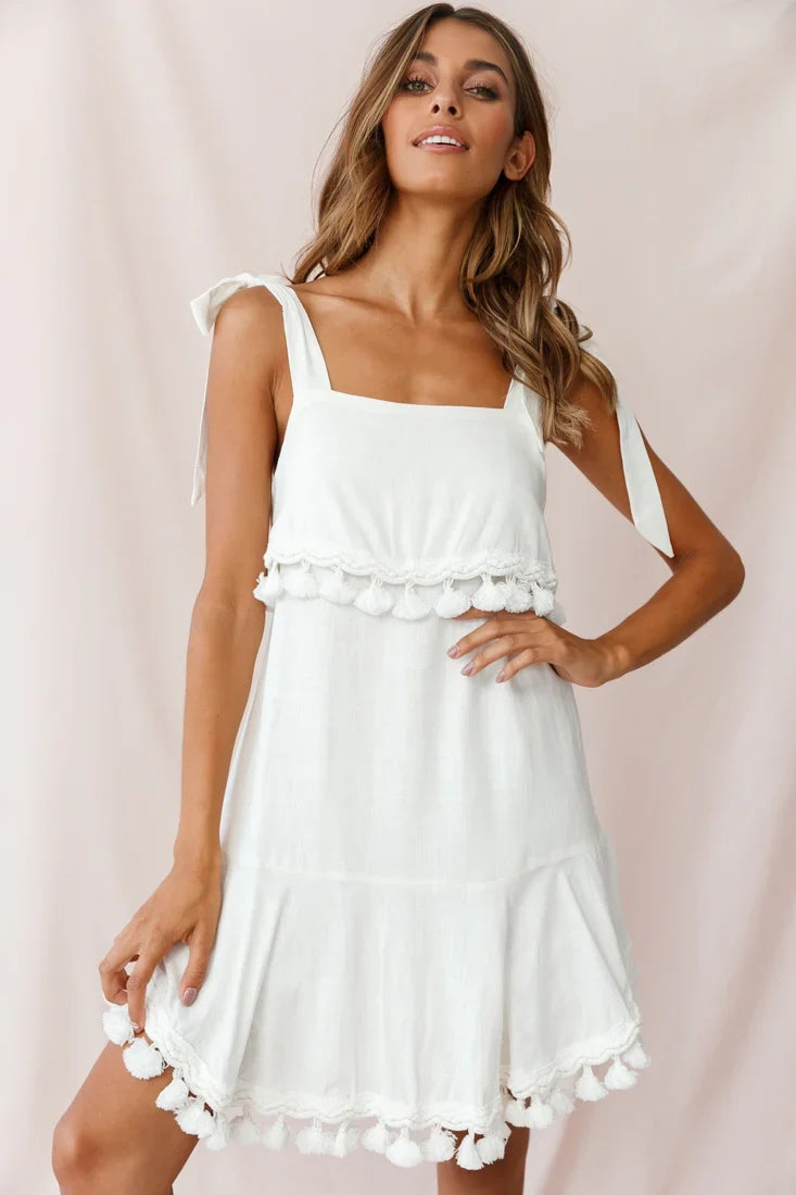 Sirocco Tassel Trim Tied Shoulder Dress White