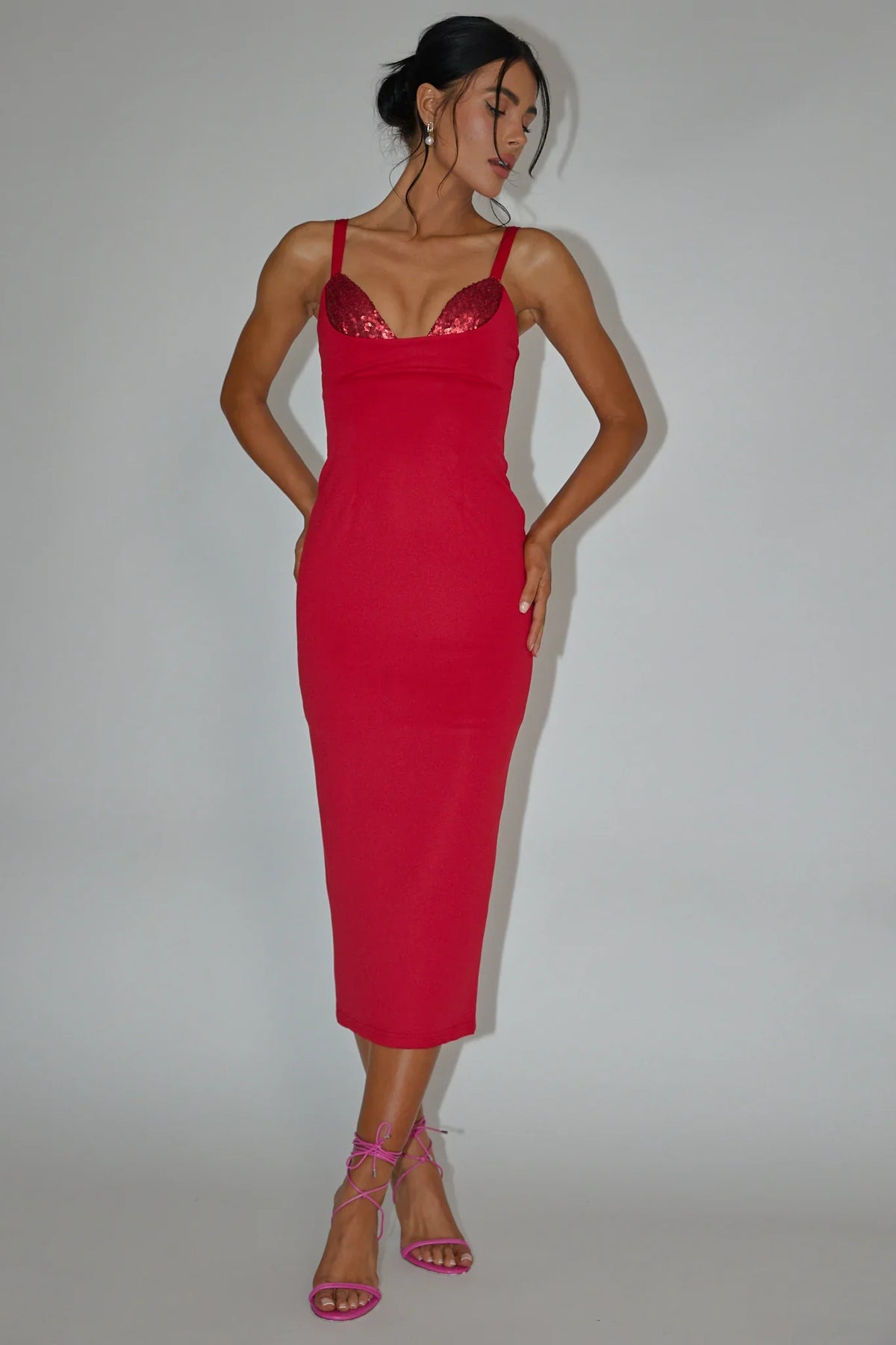 La Bellevilloise Sequin Bust Midi Dress Red