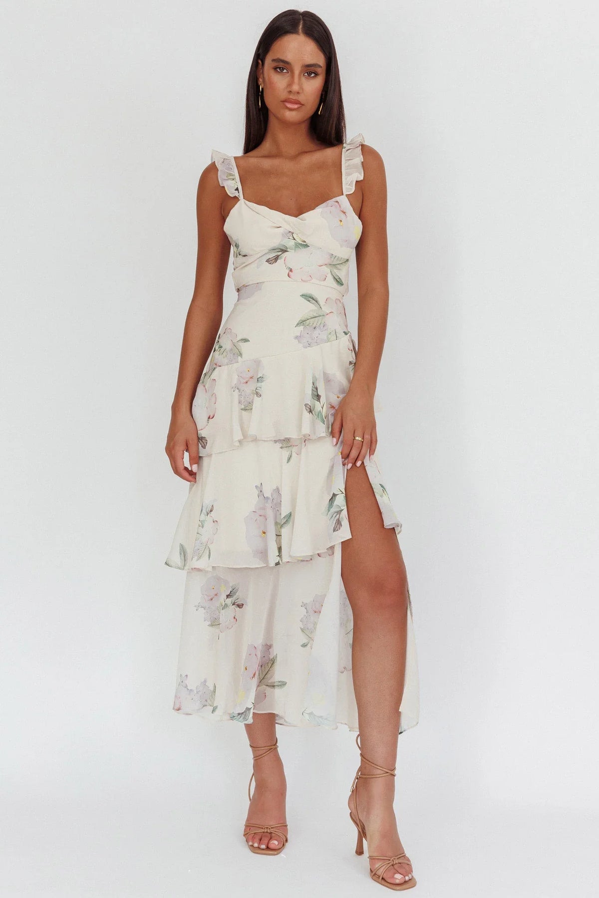 Veda Ruffle Strap Split Maxi Dress Magnolia Cream