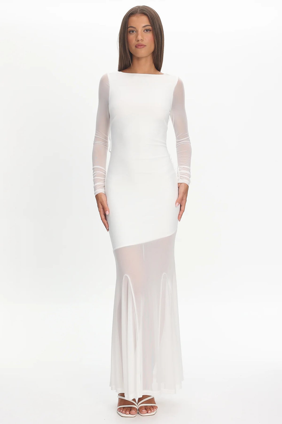 Lustre Long Sleeve Open Back Maxi Dress White