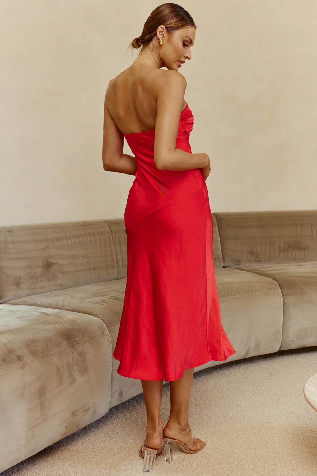 Kindred Spirit Strapless Gathered Bust Midi Dress Red