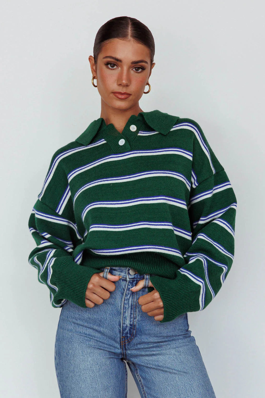 Boston Collared Knit Sweater Striped Forest Green