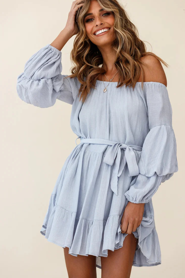 Frida Off-Shoulder Waist Tie Dress Grey