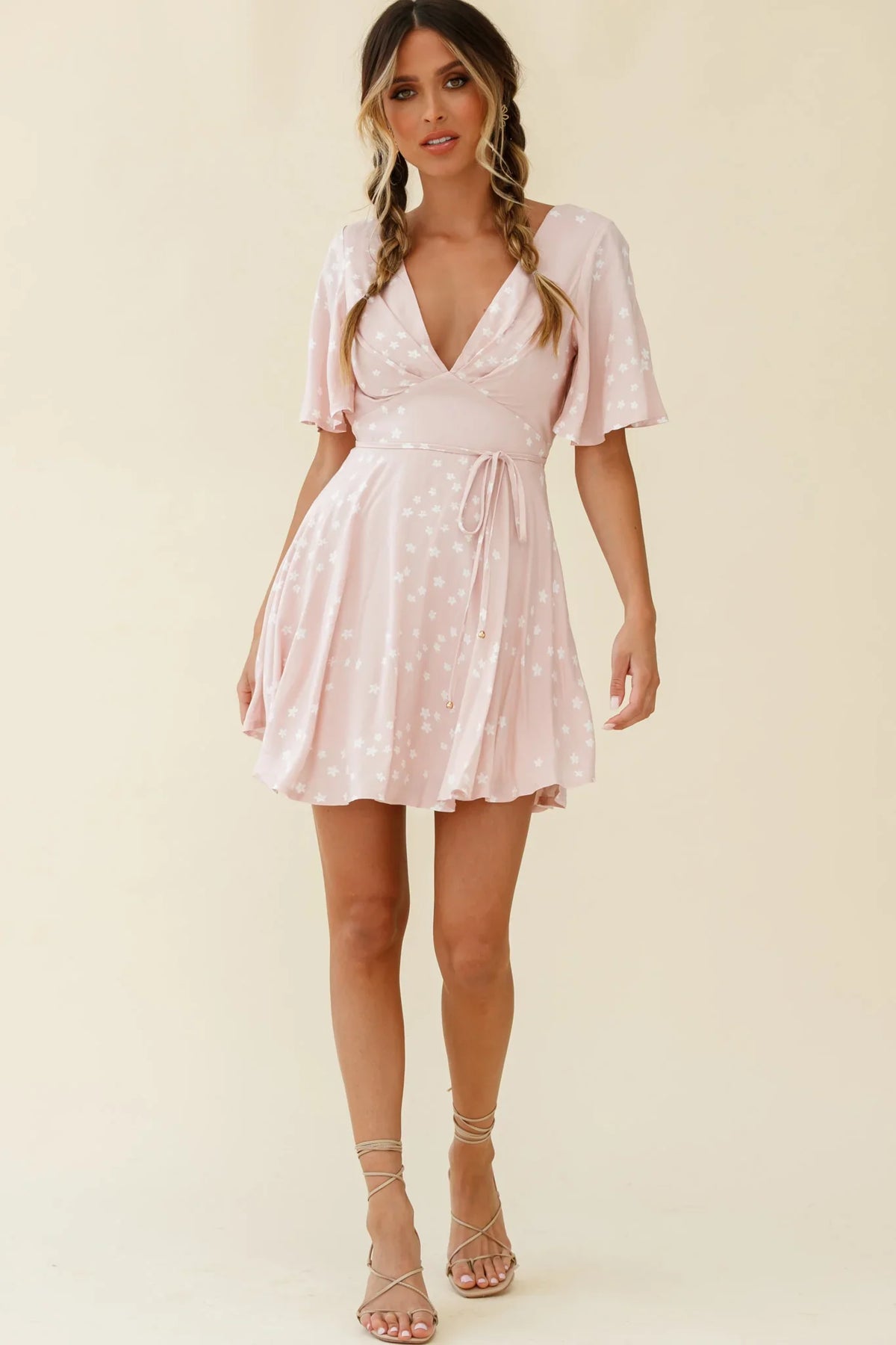 Dina V-Neckline Angel Sleeve Summer Dress Floral Print Pink